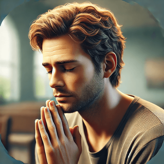 Man praying with a thoughtful expression