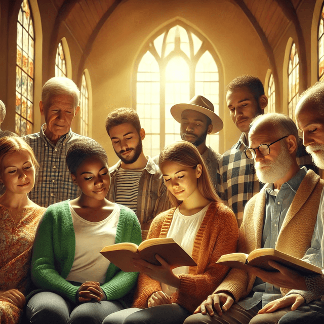 People reading together in a church