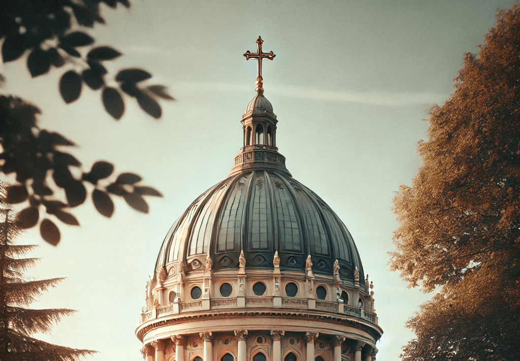 A beautiful church building with a green dome